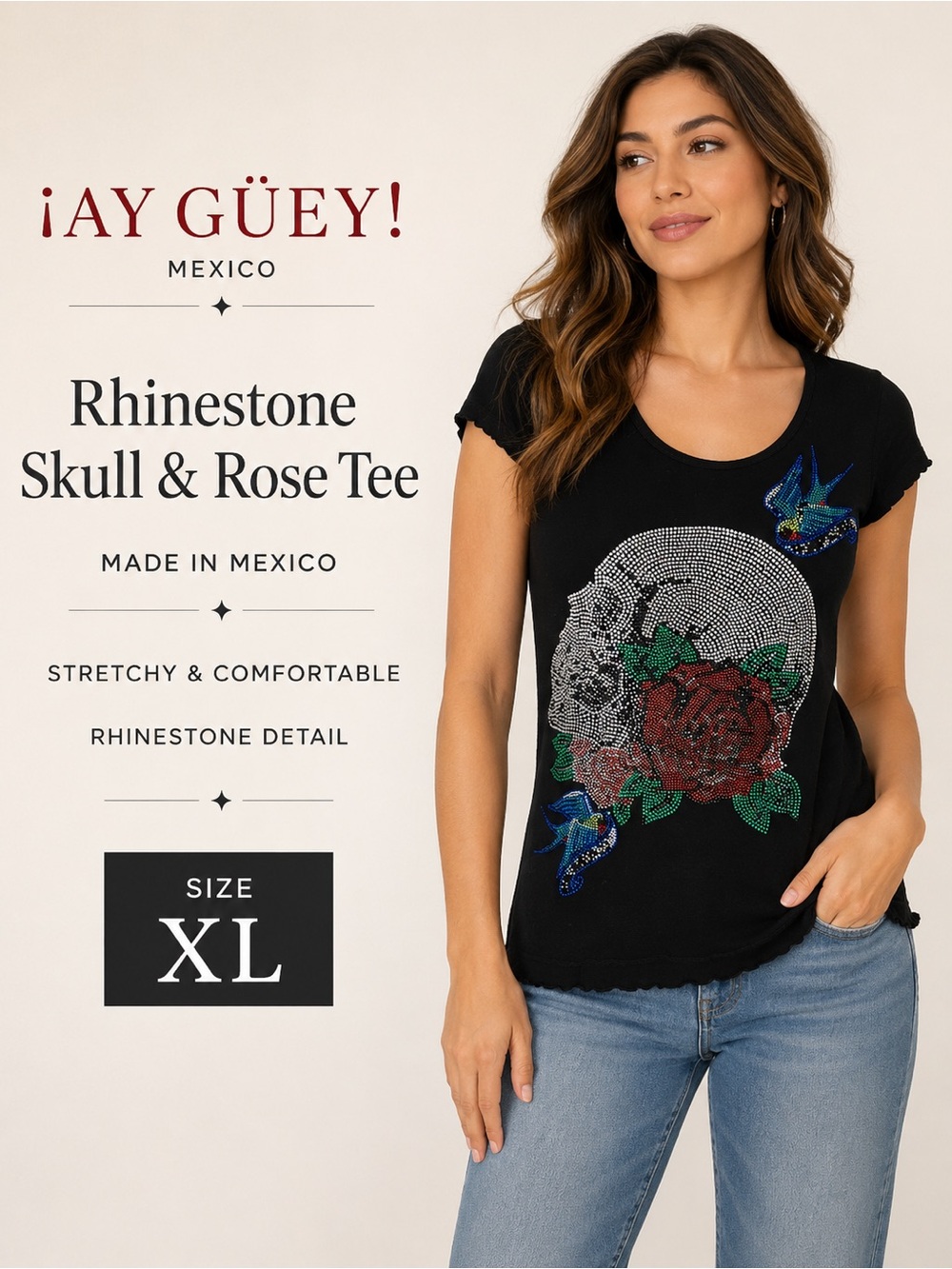 bebe Black Short-Sleeve Tee with Rhinestone Skull & Red Rose